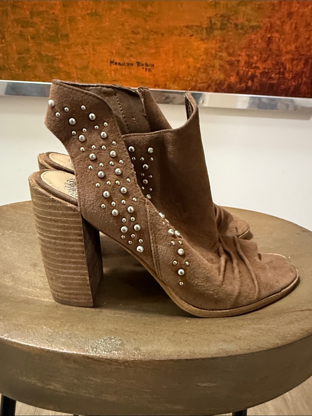 Women’s Studded Suede Block Heel Open-Back Booties - Brown